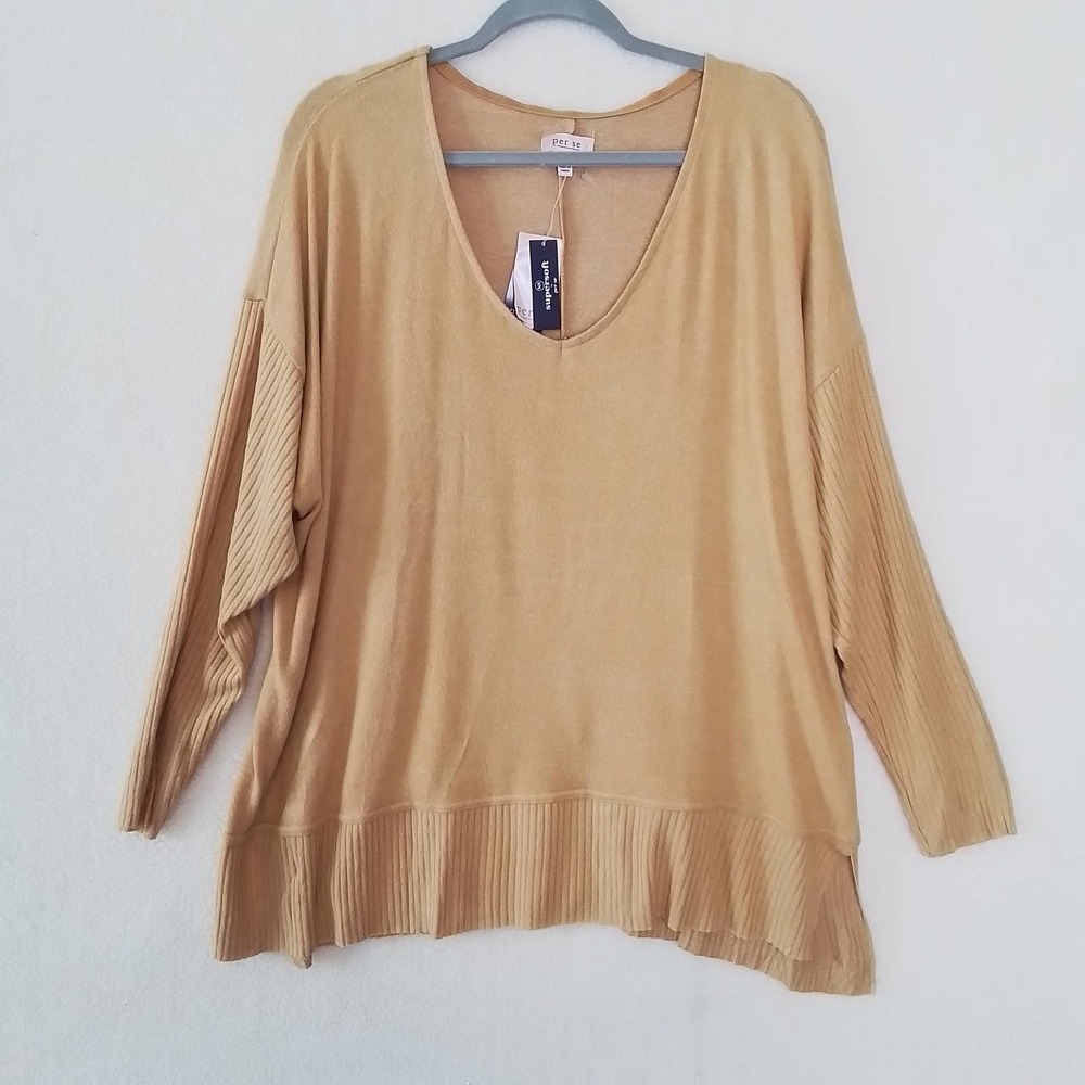 Per Se Plus Womens Sweater 3X Mustard Long Sleeve Knit Blouse Relaxed Fit Ribbed